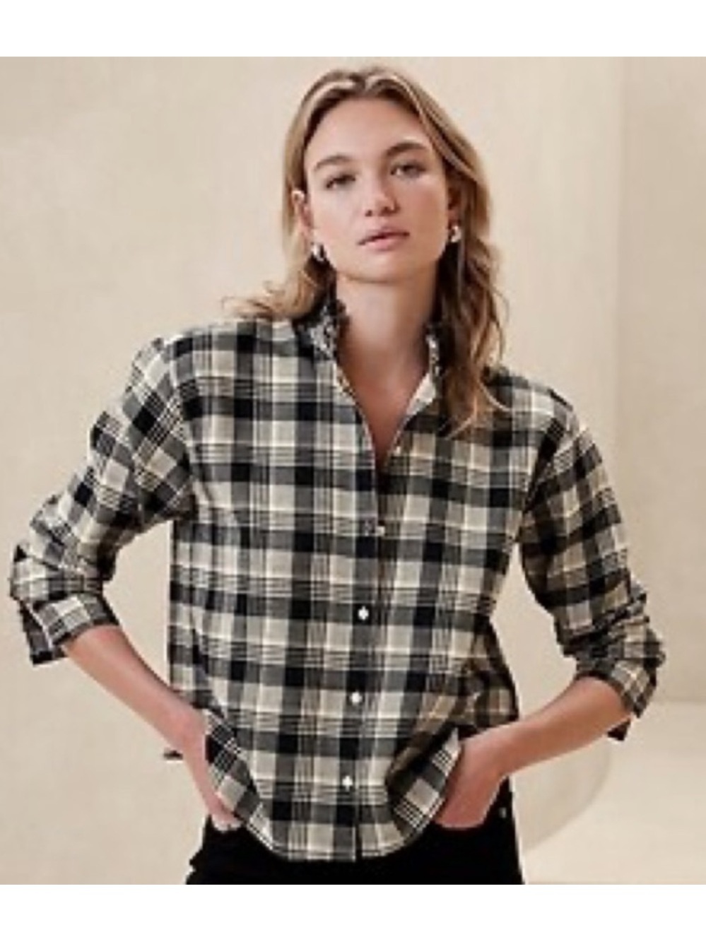 Banana Republic Black and Cream Plaid Button-Down Shirt